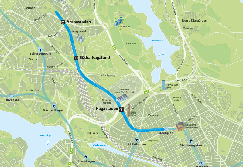 karta som visar den att nya sträckan knyts samman med Gröna linjen vid Odenplan och får nya stationer i Hagastaden, Södra Hagalund och Arenastaden.
