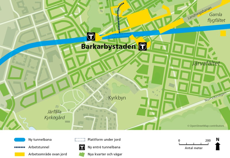 Våra arbeten på Barkarby gamla flygfält, närmast Barkarbystaden, utgår från Robothöjdens arbetstunnel. Våra arbetsområden är markerade med gult. De mörkgröna områdena visar kommande kvarter och vägar som Järfälla kommun planerar. Plattformen i den nya tunnelbanestationen syns som en avlång streckad yta mellan de båda uppgångarna.