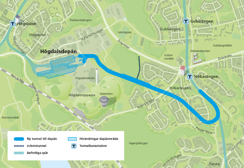 The map shows the planned expansion of the Högdalen depot.