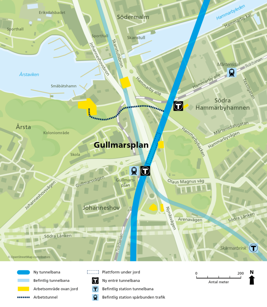 Bilden visar var den nya blå linjen ska gå mellan Södermalm och Sockenplan samt de två uppgångarna för station Gullmarsplan.