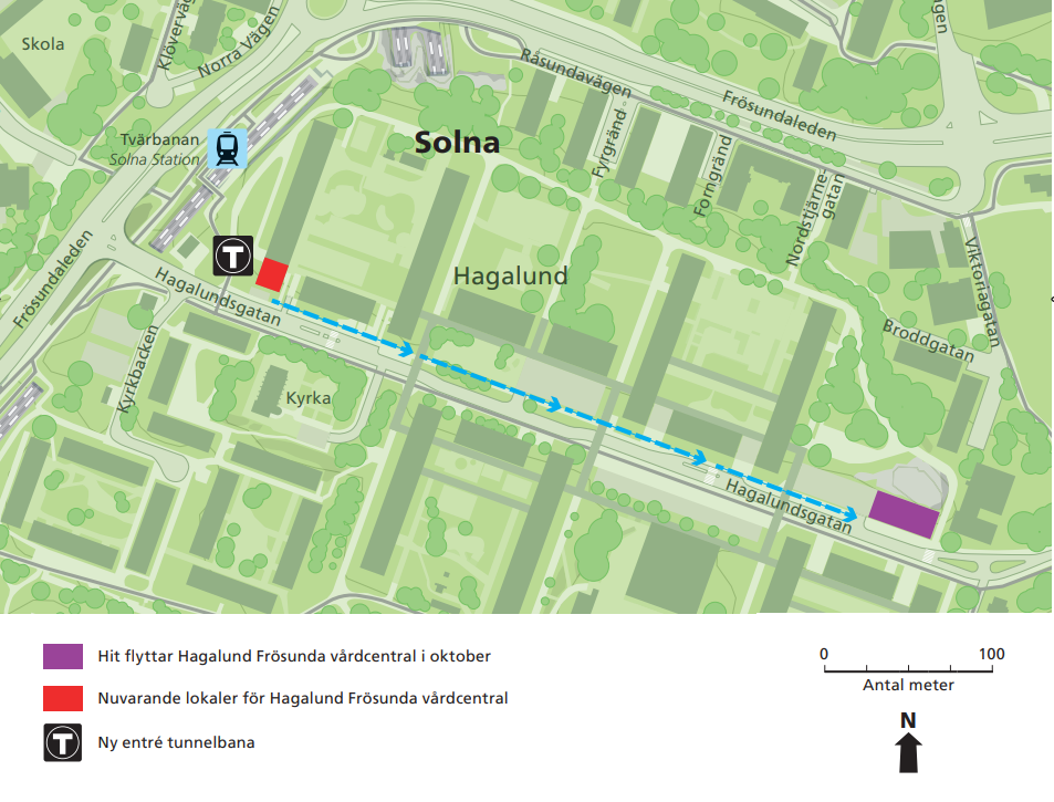 Karta över den nya adressen för Hagalund Frösunda vårdcentral.