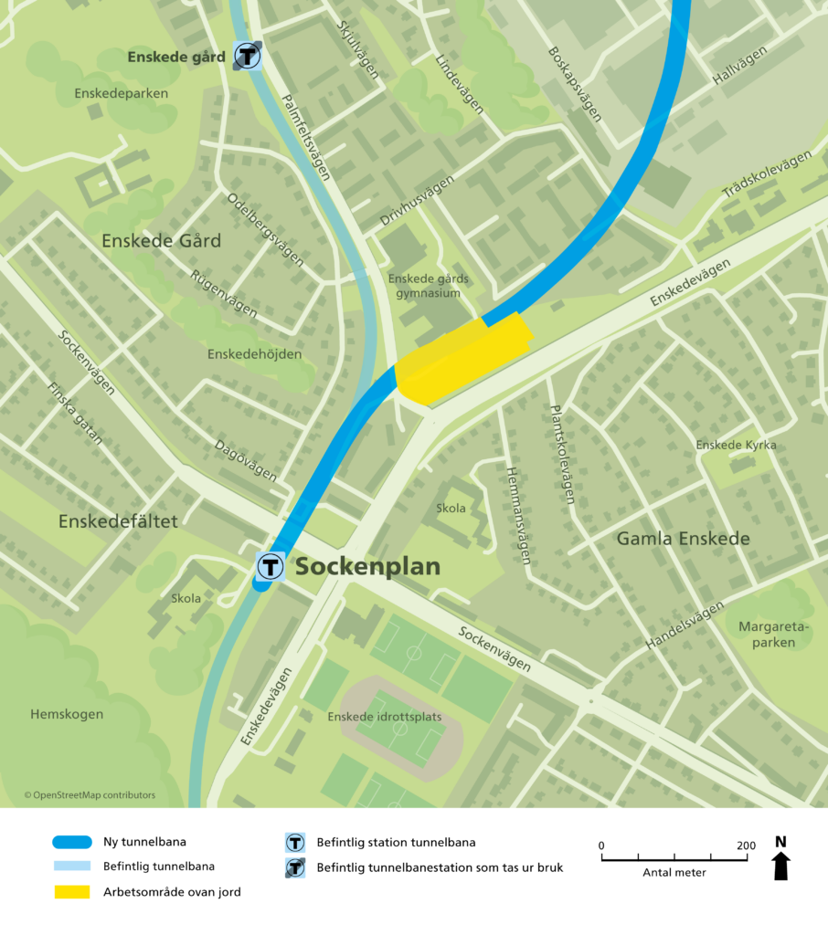 Den nya blå linjen kopplas ihop vid befintlig station Sockenplan.