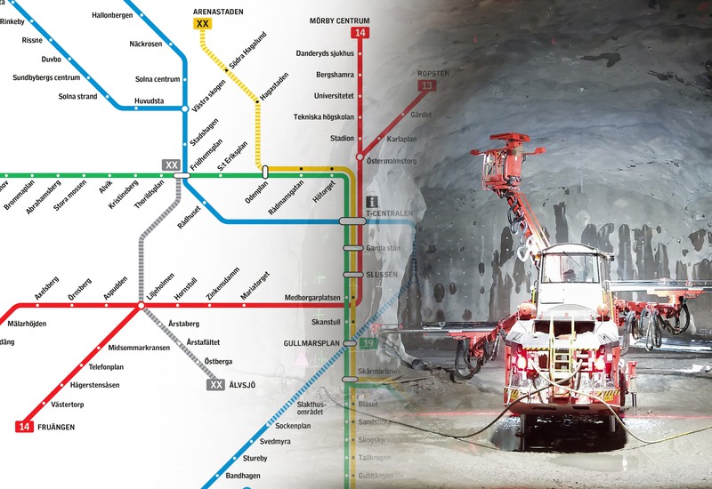 Kollage: tunnelbanans spårkarta och borrigg i tunnel