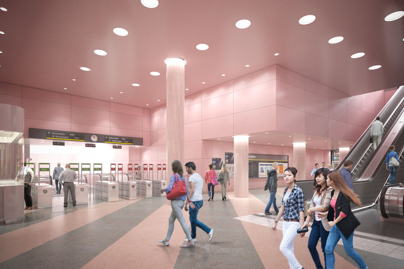 Framtida stationen i Hagastaden med sin rosa interiör.