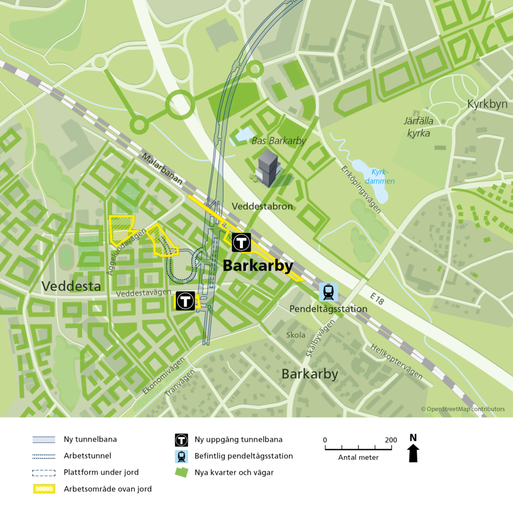 Karta över Veddesta industriområde och Barkarby stationsområde med nya tunnelbanans arbetsområden.