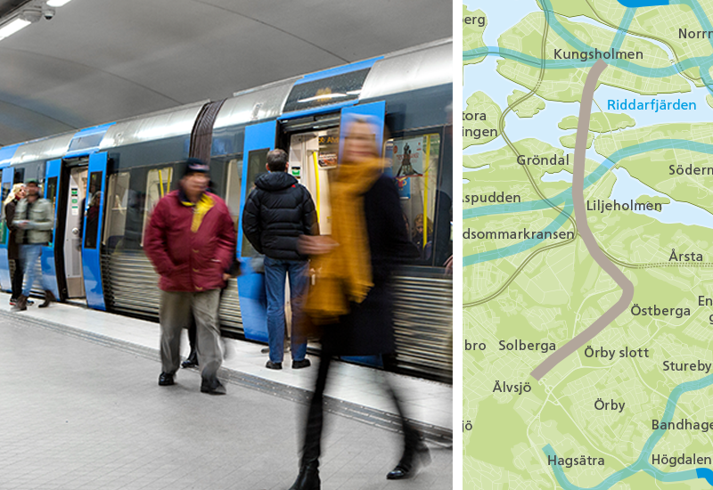 tunnelbanetåg vid plattform och karta över framtida dragning av linjen