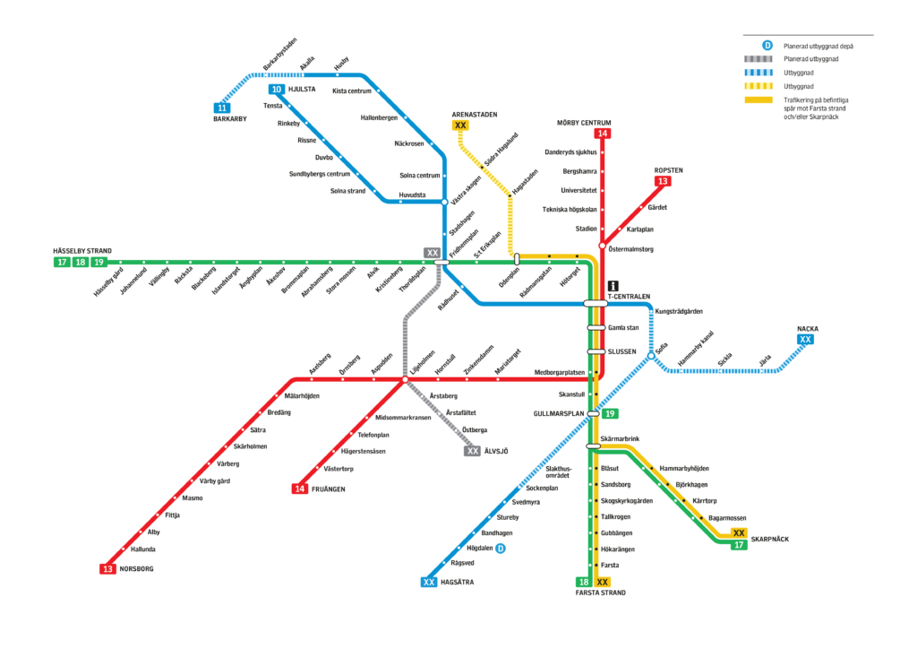 Spårlinjekarta med de tunnelbanelinjer som i dag är planerade att byggas ut.