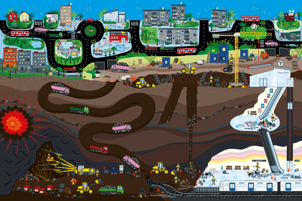 Detaljrik illustration som visar hur tunnelbanan byggs ut ovan och under jord.