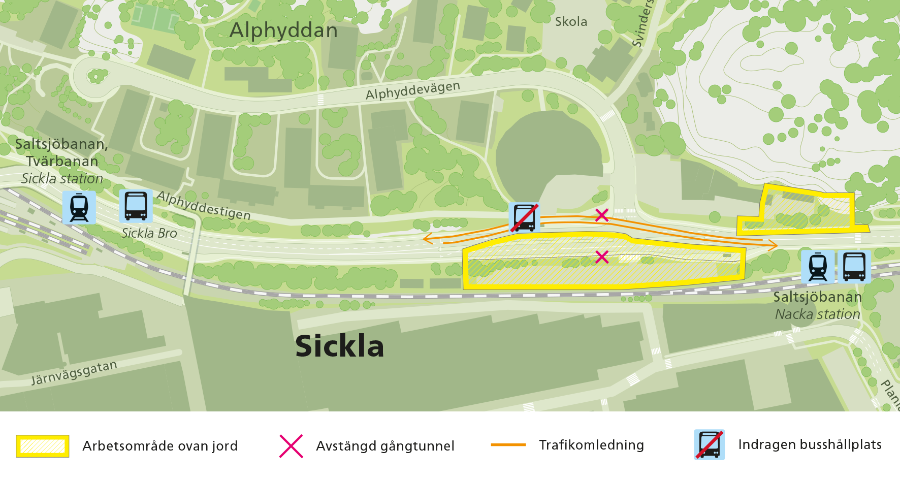 Karta som visar Värmdävägens kommande läge strax norr om ett utökat arbetsområde för tunnelbanan.