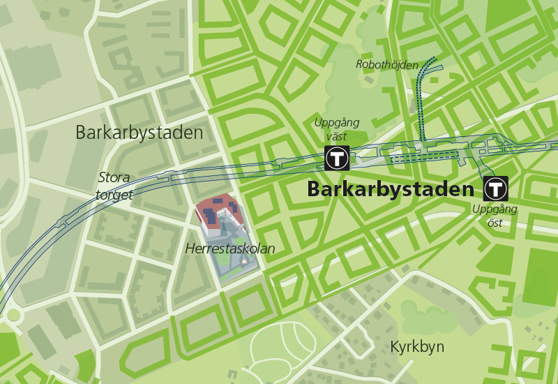 Karta över Barkarbystaden och tunnelbanans sträckning under stadsdelen.