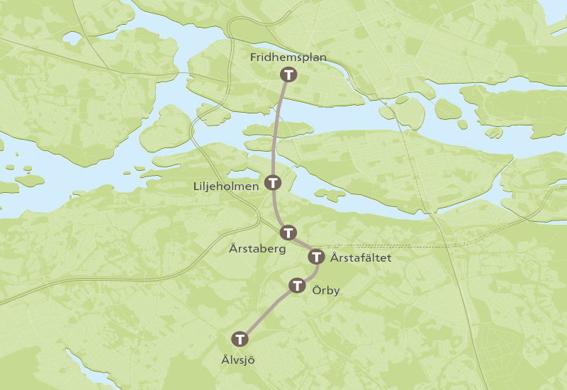 Sträckning av tunnelbanelinjen mellan Fridhemsplan och Älvsjö. Stationerna Liljeholmen, Årstaberg, Årstafältet och Örby är utmärkta på en grön karta.