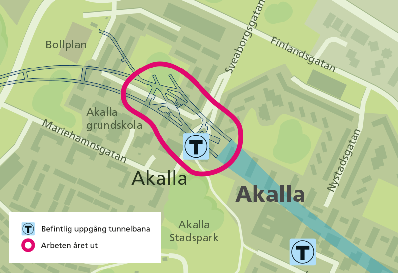 Karta där Akalla stationsområde där tunnelarbeten beräknas ske året ut.