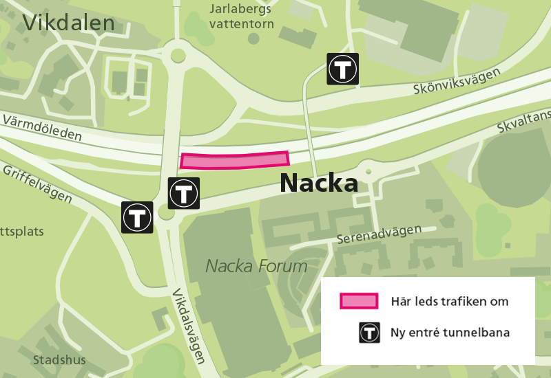 Karta som visar trafikomläggning på väg 222 vid Nacka Forum