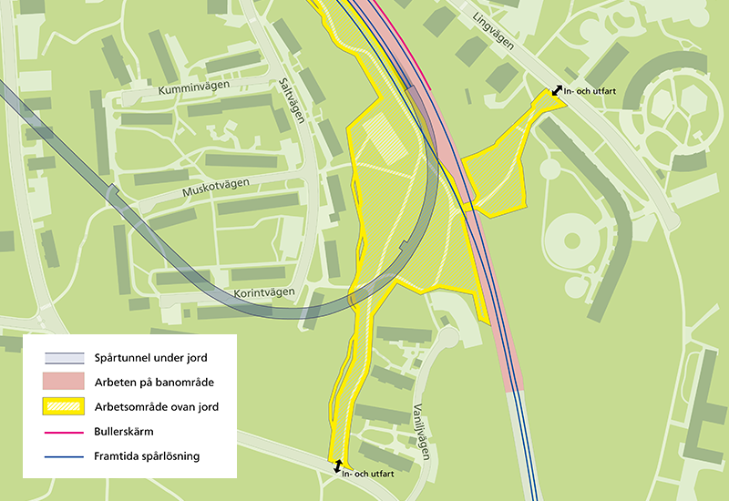 Kartan visar det planerade arbetsområdet söder om Hökarängens station