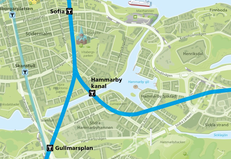 Karta som visar stationerna Stofia, Hammarby kanal och Gullmarsplan och hur Blå linje knyter ihop dessa stationer.