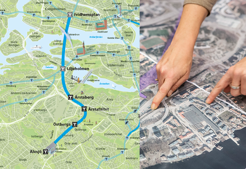Karta över sträckan och en hand som pekar på en annan karta.