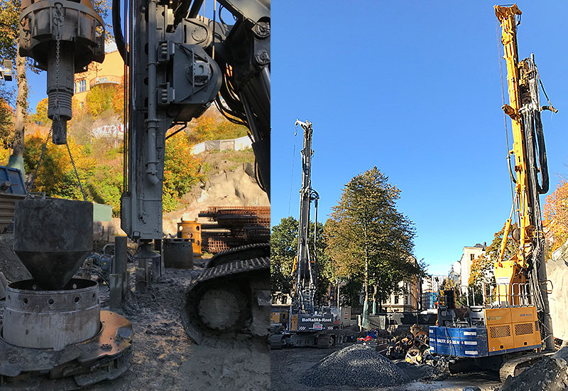 För att försäkra sig om att väggen av pålar är förankrad i berg, underborras varje påle med en annan maskin som är utrustad med bergborrningsutrustning. Till höger längst bort i bild syns maskinen Liebherr 36; närmast i bild syns maskinen Bauer BG28 som är utrustad med bergborrningsutrustning. Foto: Sofia Carlsson, Implenia