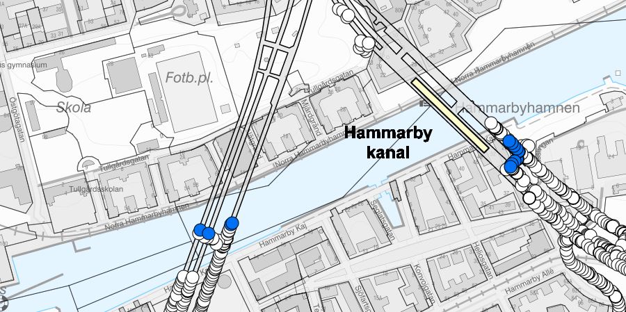 Karta över tunnelsprängningar vid Hammarby kanal.