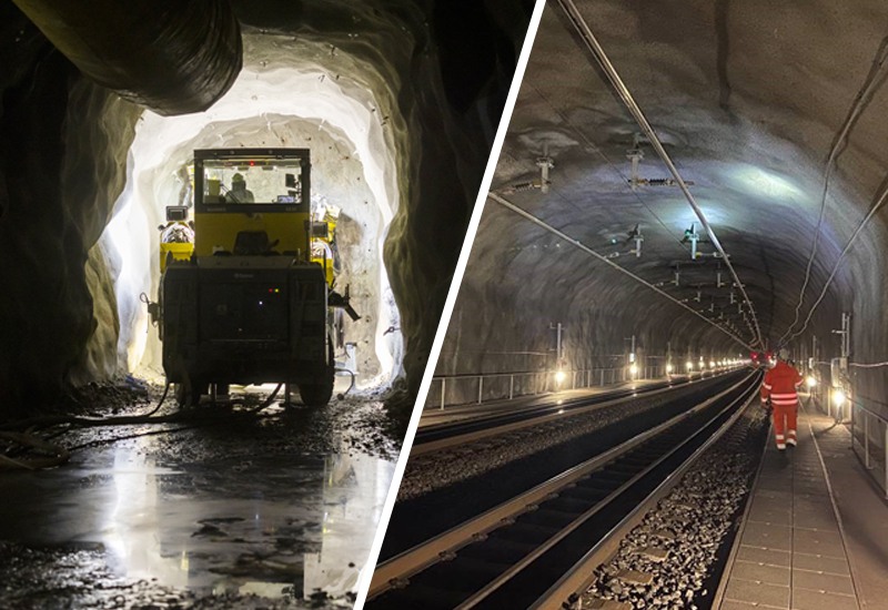 Kollage: Bild till vänster visar en tunnel med en borrigg och till höger syns en tunnel med  spår. En person med orangea kläder går genom tunneln.