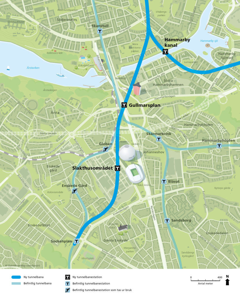 Karta som visar Blå linjes nya dragning i Söderort.