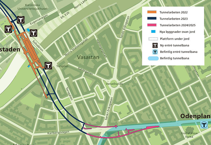 Karta över Vasastaden i Stockholm med nya tunnelbanans sträckning utritad.