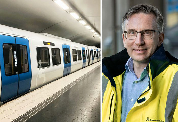 Kollage: Till vänster är ett vitt tunnelbanetåg som står på en plattform och till höger är Jörgen Altin klädd i gul byggjacka.