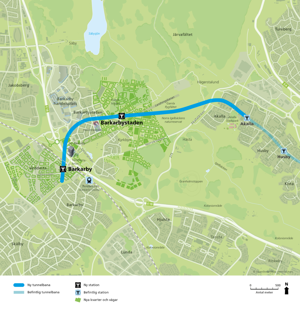 Karta över sträckan Akalla-Barkarby med stationerna markerade.