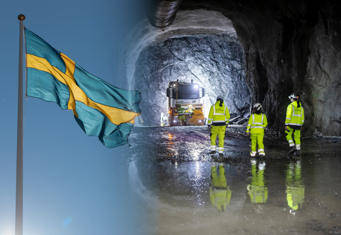 Kollage svenska flagga och arbetare i gula kläder i tunnel.