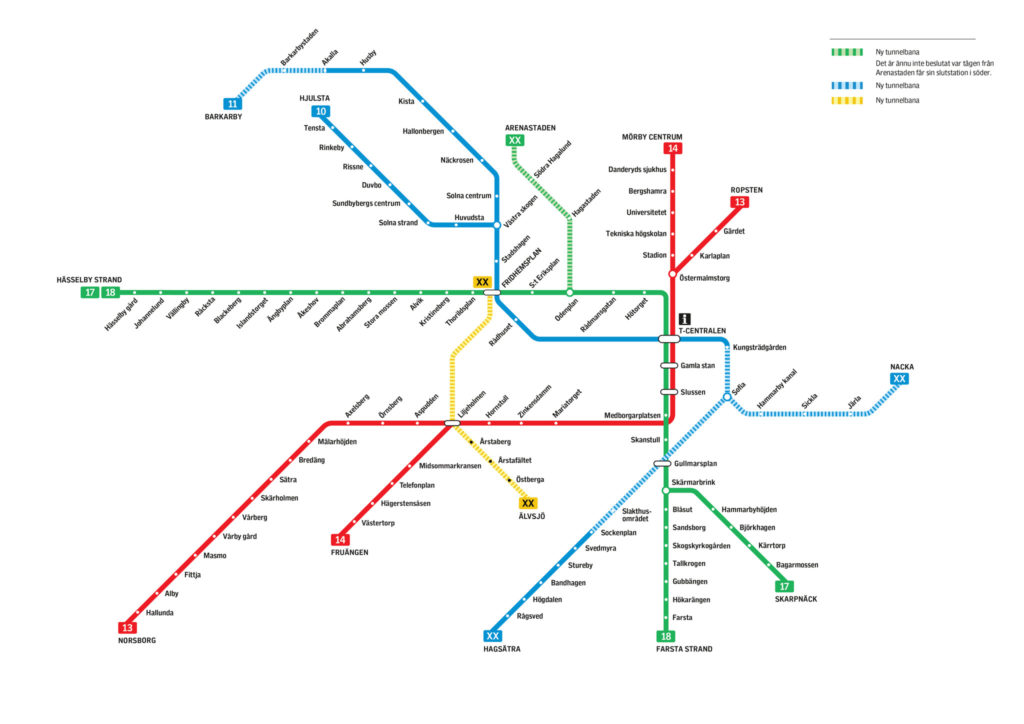 Spårlinjekarta med de tunnelbanelinjer som i dag är planerade att byggas ut. Klicka på bilden för att se den i större format. Illustration: Region Stockholm
