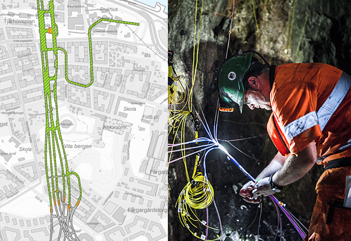 Kollage med karta som visar utsprängda tunnlar och en man i orangea arbetskläder som laddar en sprängning i tunnel.