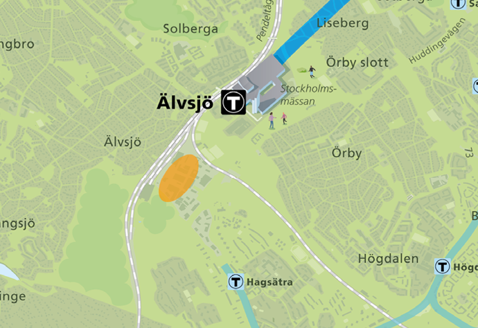 karta som visar att området i Älvsjö industriområde där nya depån för Gul linje föreslås ligga.