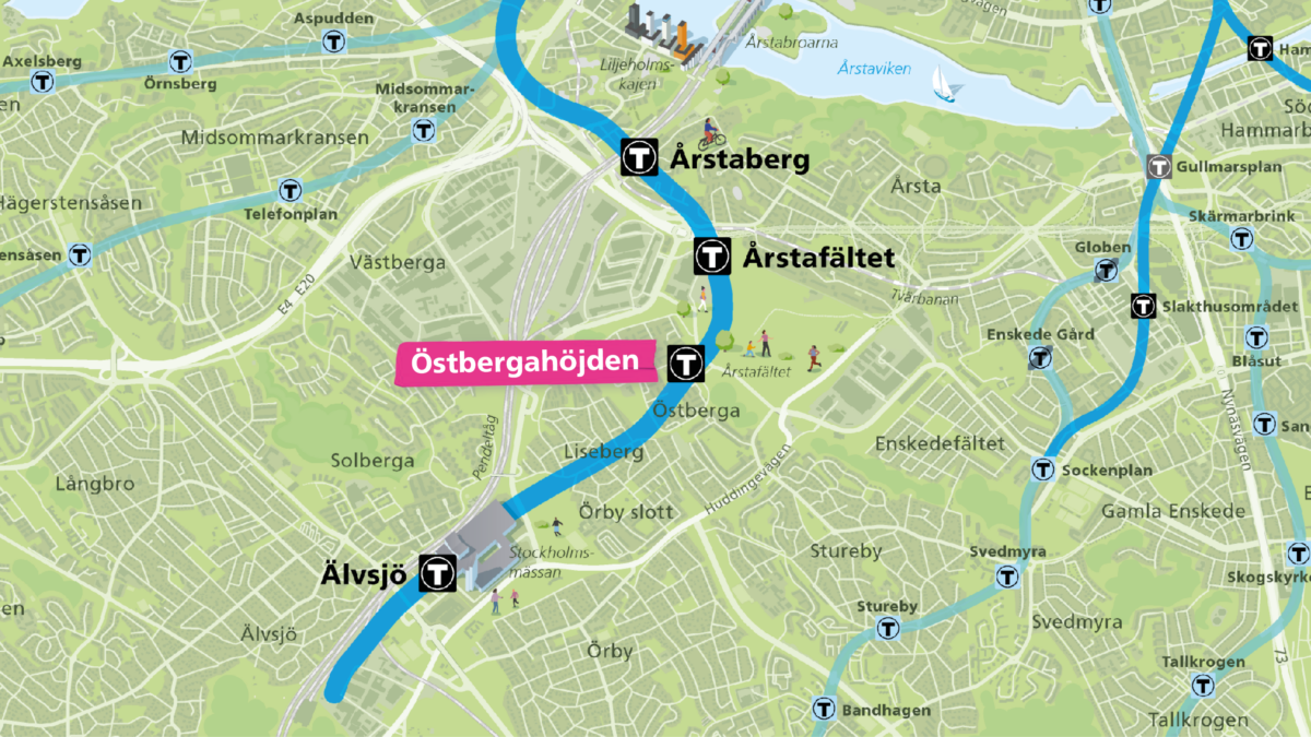 Karta över gula linjens dragning, med namnet Östbergahöjden markerat.