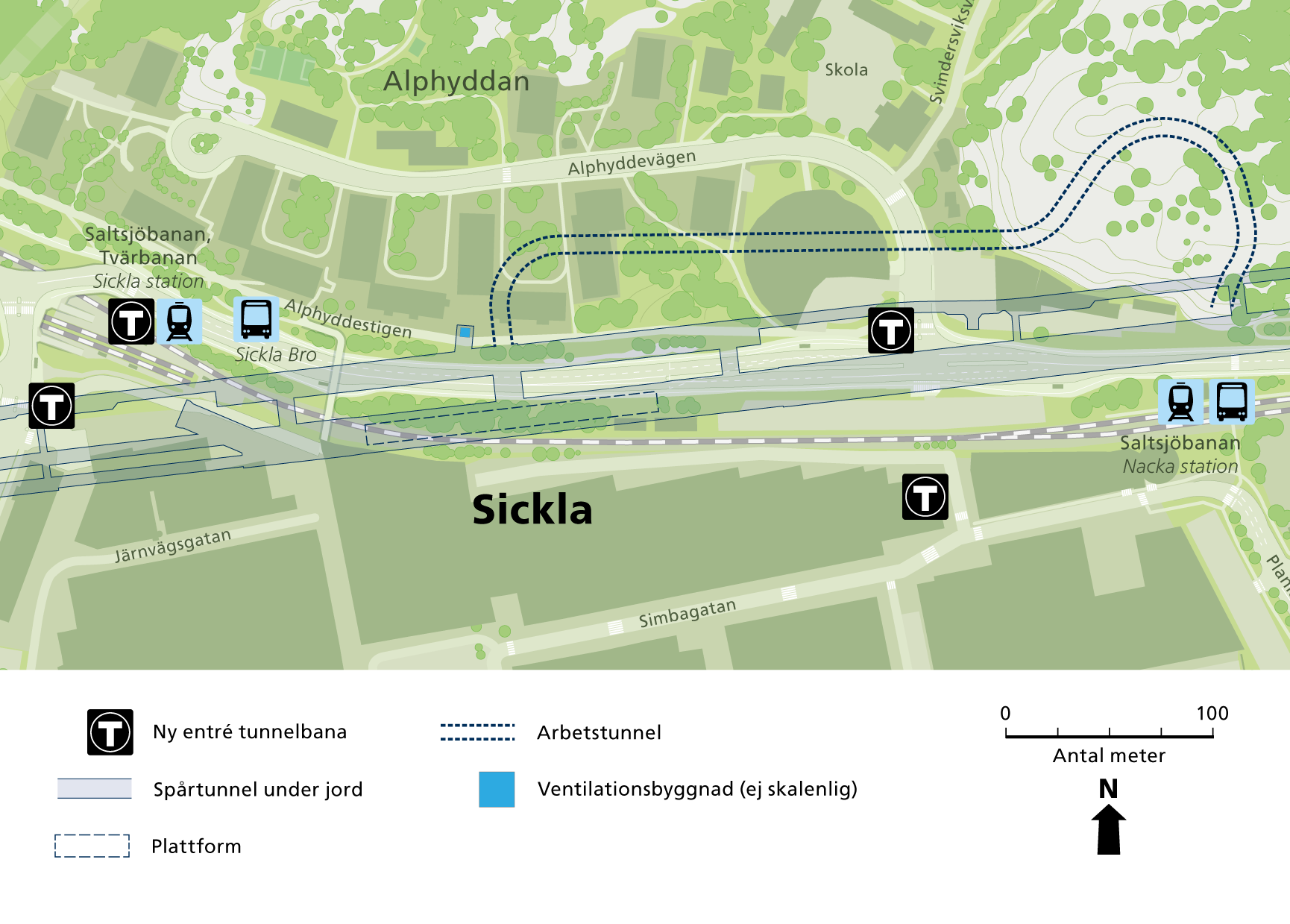 Karta som visar var tunnelbanans olika anläggningsdelar i Sickla byggs.