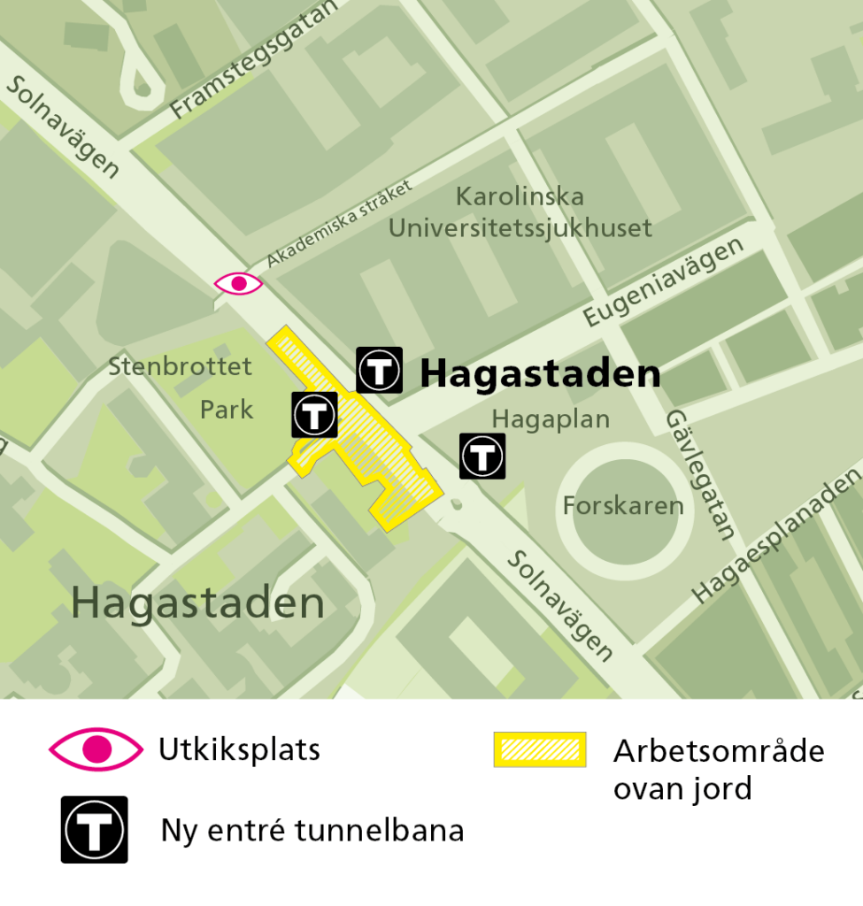 Karta som visar platser där man kan se bygget i Hagastaden.