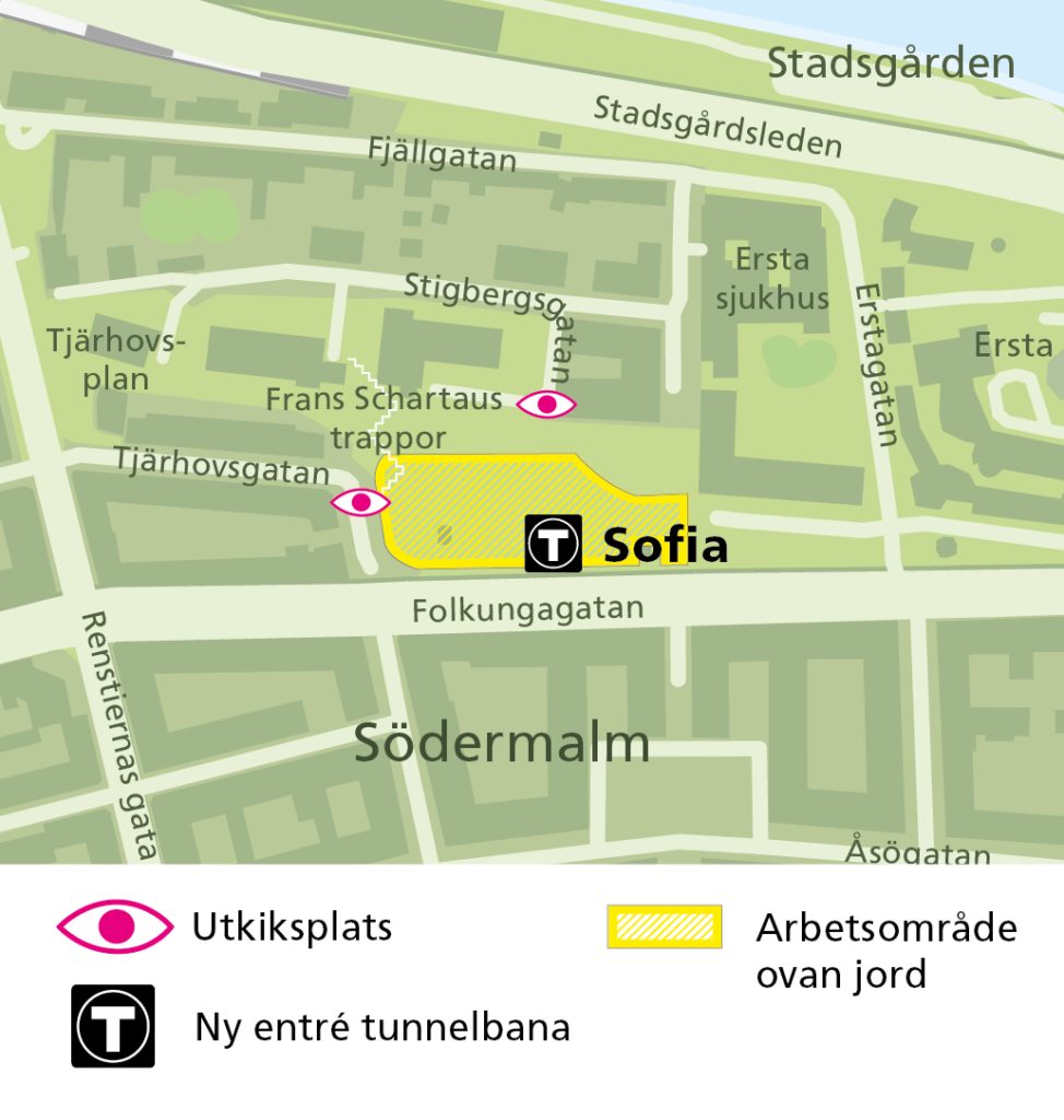 Karta som visar platser där man kan se bygget i Stigbergsparken.