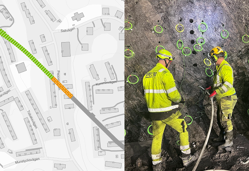 Bilden visar framdriftskartan till vänster och arbeten i tunneln till höger.