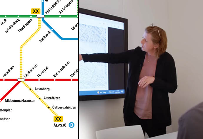 Kollage med tunnelbanekarta med fokus på nya gula linjen mellan Fridhemsplan och Älvsjö ocjh Kajsa Nilsson