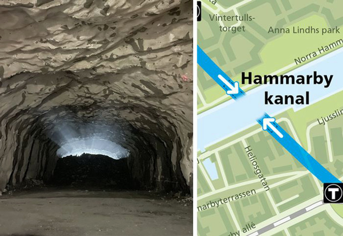 Kollage: Till vänster fotografi av en tunnel. Till höger en karta över Hmmarbykanal där två pilar visar hur tunneln under kanalen möts.