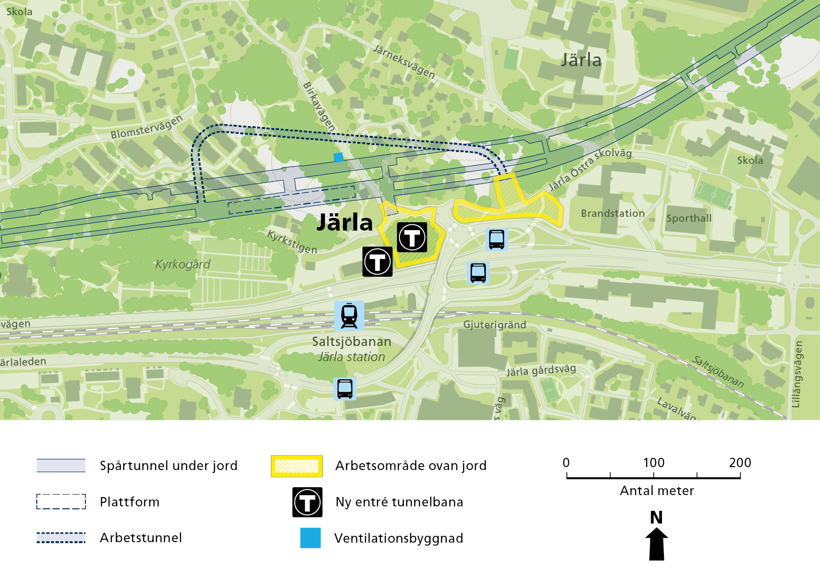 Karta som visar var tunnelbanans arbetsområden och framtida entréer i Järla.