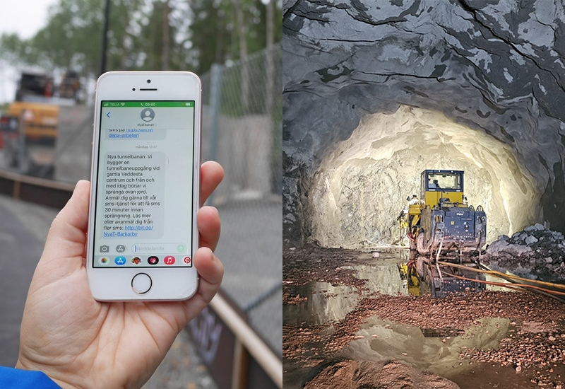 Kollage av två bilder där den ena visar en hand som hållet i en mobiltelefon och den andra en borrigg i en tunnel.