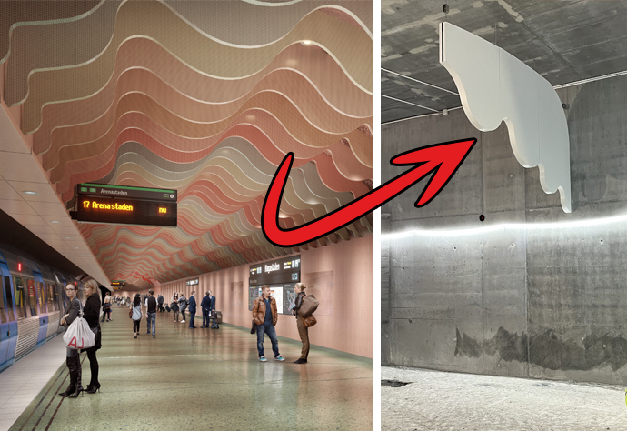 Bilden visar två scener: En visionsbild tunnelbanestation med ett vågigt, färgglatt tak och en närbild av en vit, vågformad struktur som hänger i ett grått betongrum. En röd pil kopplar de två platserna.