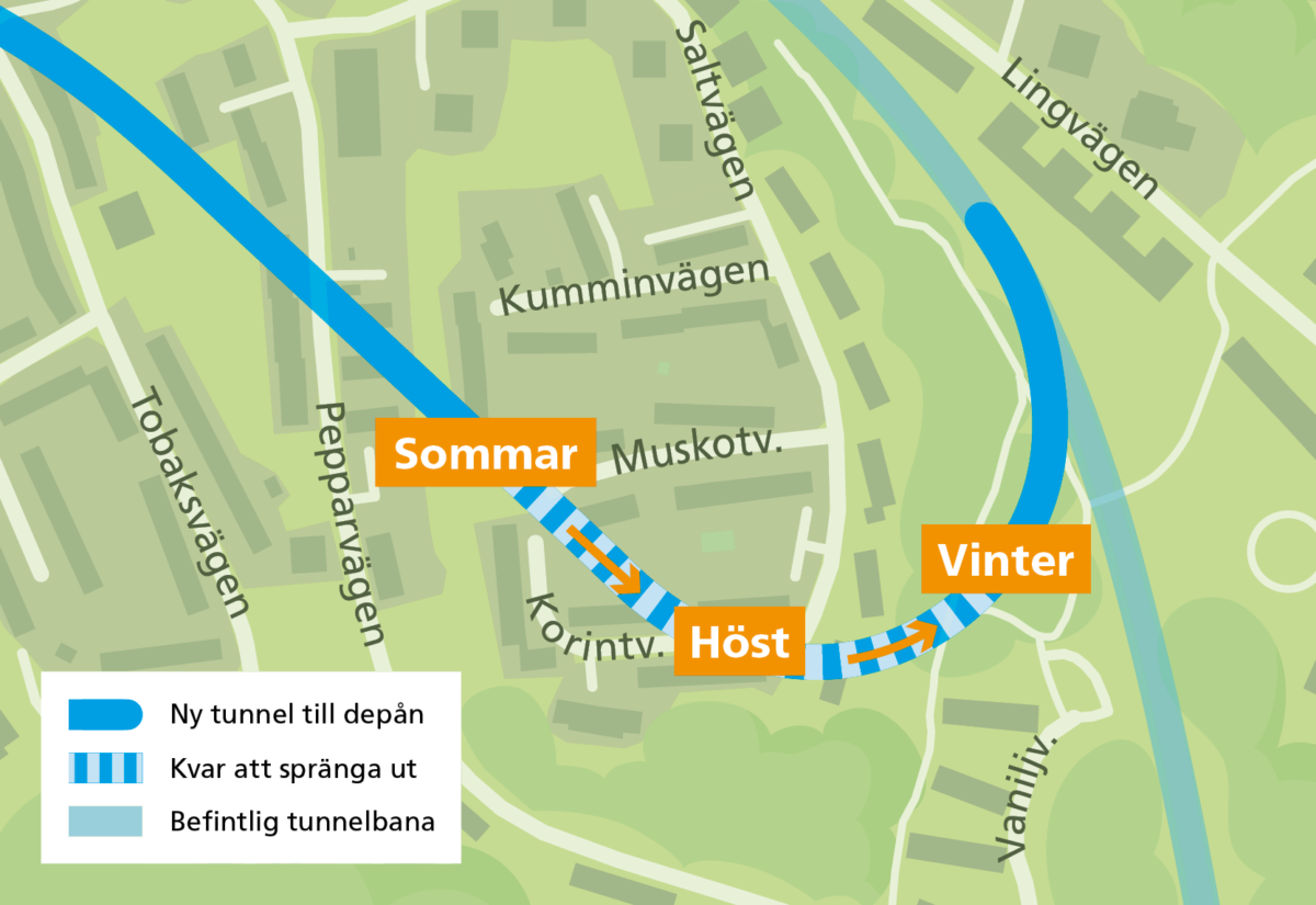 Kartan visar arbeten i tunneln under 2024.