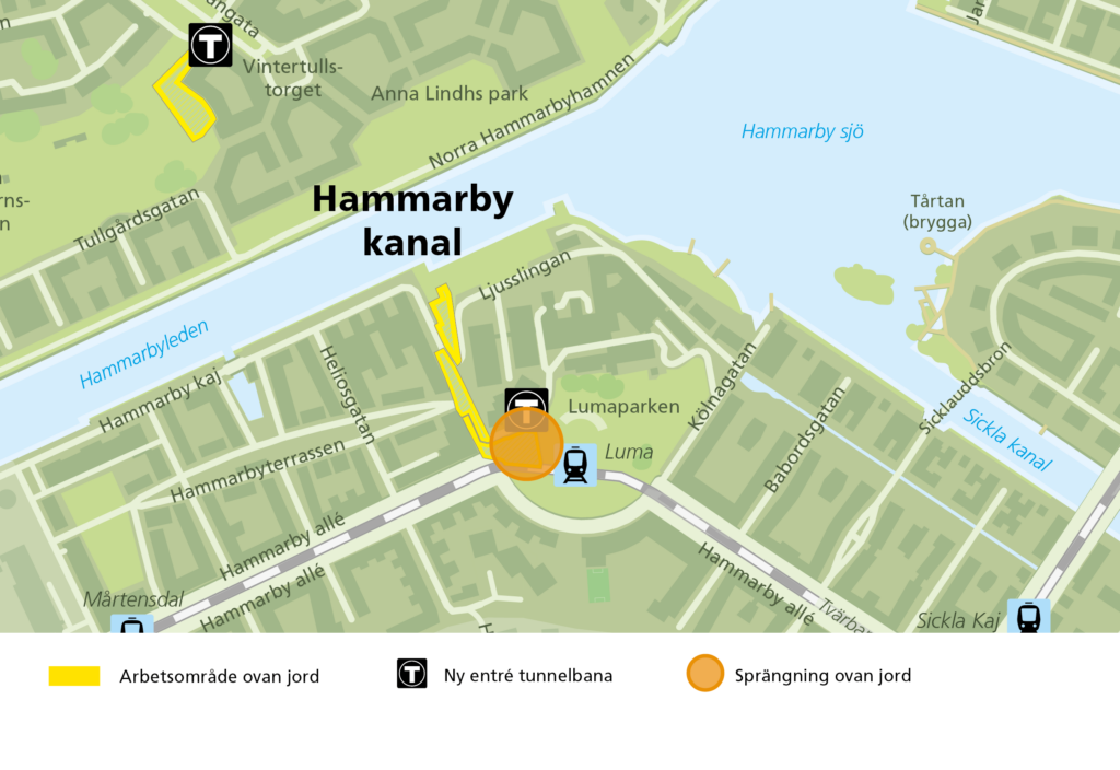 Karta över Södermalm och Hammarby Sjösstad med Lumaparken markerad