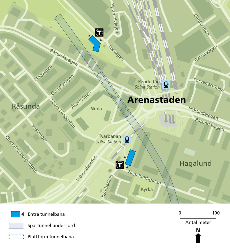 Karta som visar entréer till tunnelbanan.