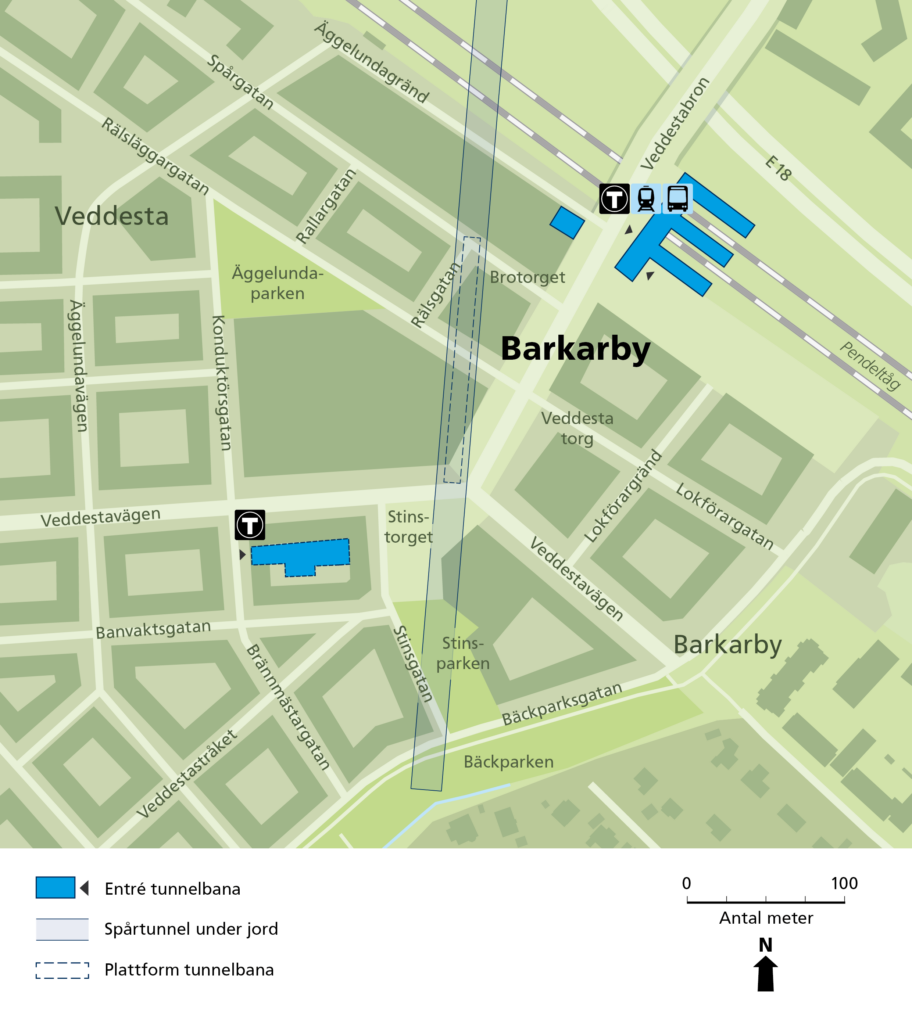 Karta som visar entréer till tunnelbanan.