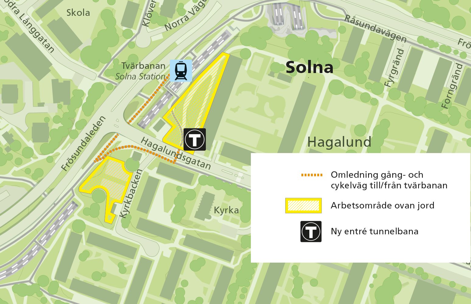 Kartan visar en alternativ väg till och från Tvärbanan från Hagalundsgatan. 