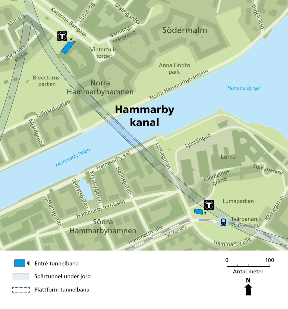 Karta som visar entréer till tunnelbanan.