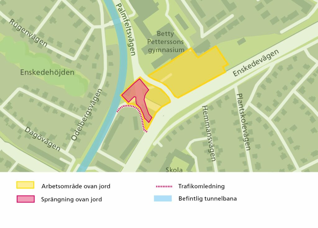 Karta över arbetsområdet vid Björneborgsvägen och Palmfeltsvägen där arbeten sker