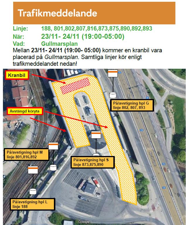 Information om att vissa bussar får ändrade hållplatslägen på Gullmarsplan på grund av nattarbeten den 23-24/11.