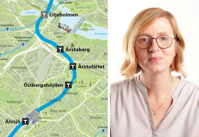 Karta över den planerade tunnelbanesträckan från Liljeholmen till Älvsjö med stationerna Liljeholmen, Årstaberg, Årstafältet, Östberga höjden och Älvsjö markerade, samt en porträttbild av en kvinna med ljust hår och glasögon, klädd i en ljusblus.